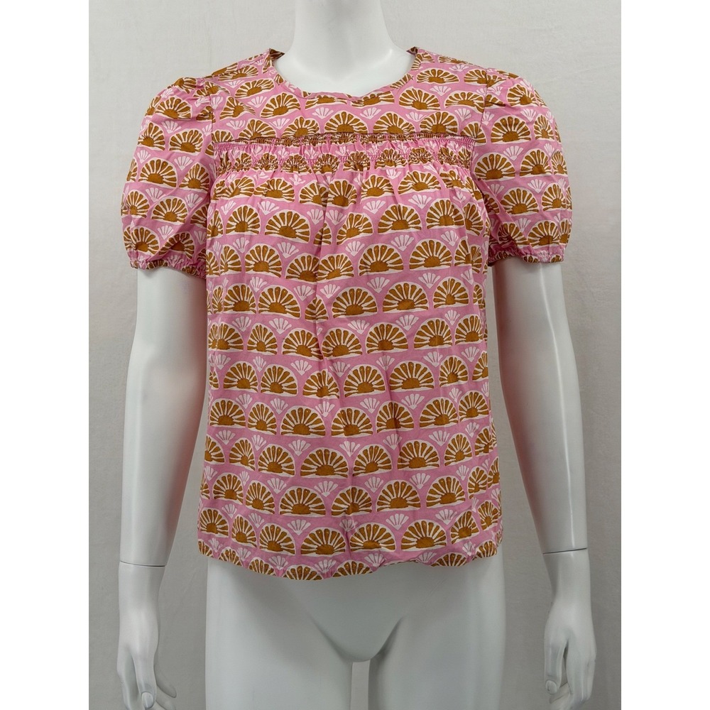 J Crew Top Womens XS Pink Fan Print Smocked Puff Sleeve 100% Cotton Boho Cottage